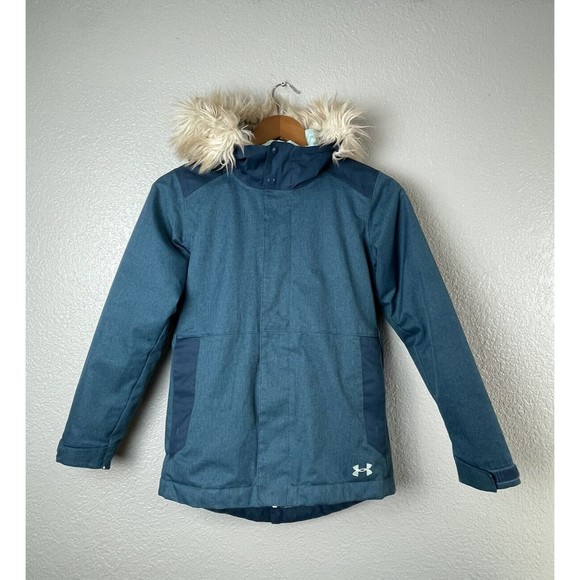 Under Armour Girls' ColdGear Reactor Yonders Parka Ink/Blue Fur Youth Medium - Picture 1 of 13
